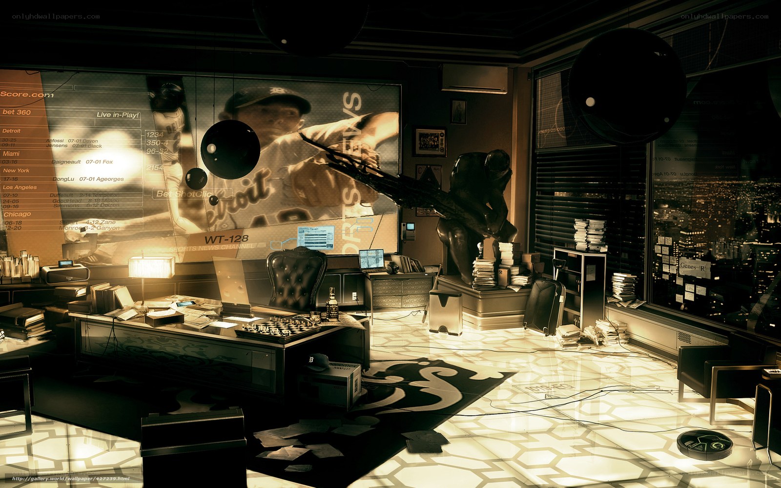futuristic office with sports news
