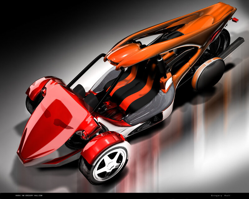 futuristic orange and red three-wheeled vehicle