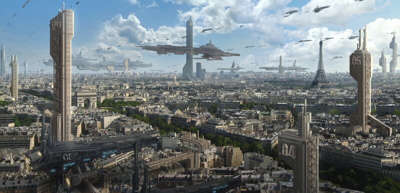 Futuristic Paris Cityscape — Blue, Dramatic, Afternoon, Digital Art, Eiffel Tower, Arc De Triomphe
