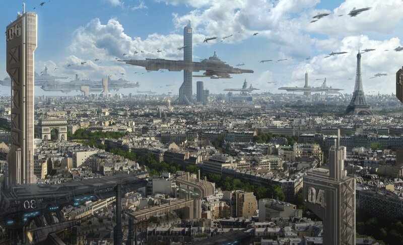 Futuristic Paris Cityscape — Blue, Dramatic, Afternoon