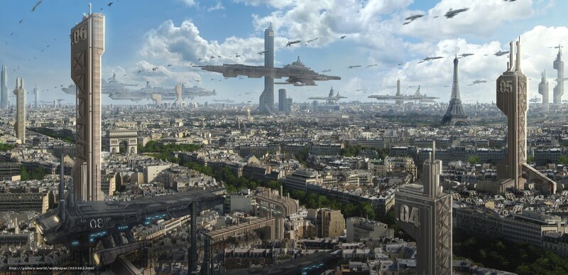 Futuristic Paris cityscape