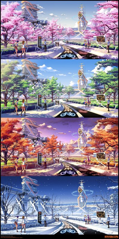 Futuristic park through seasons