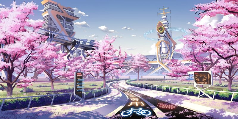 Futuristic Park with Cherry Blossoms — Pink
