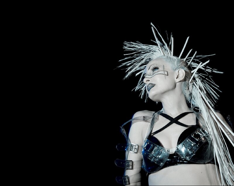 futuristic performer with white hair