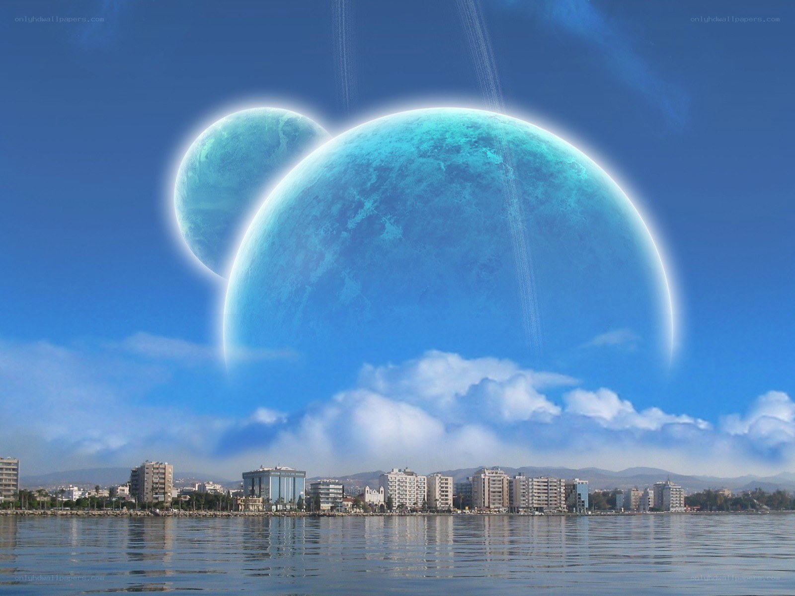 Futuristic planet over coastal city