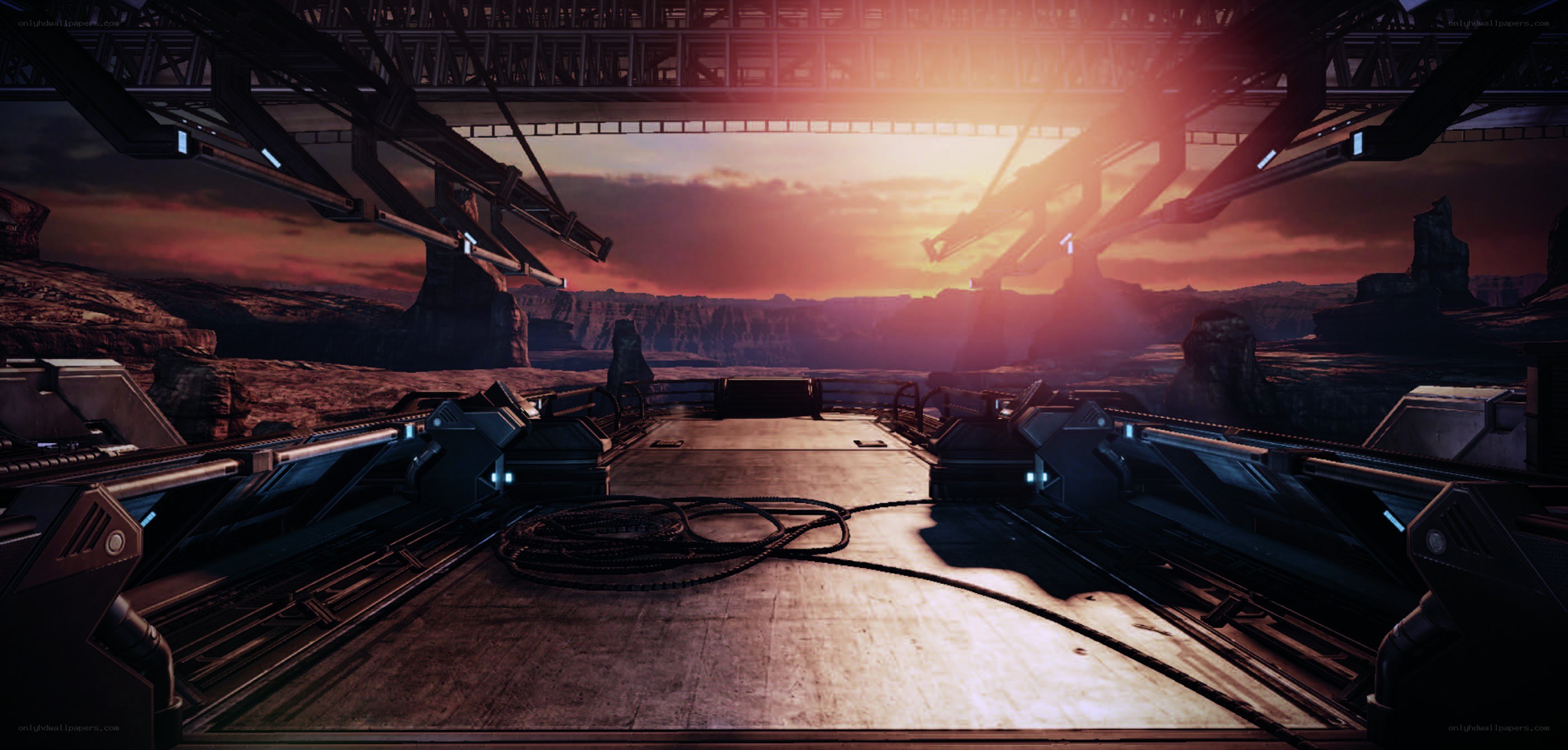 futuristic platform at sunset