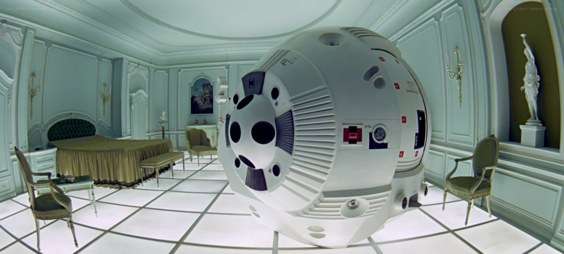 futuristic pod in ornate room