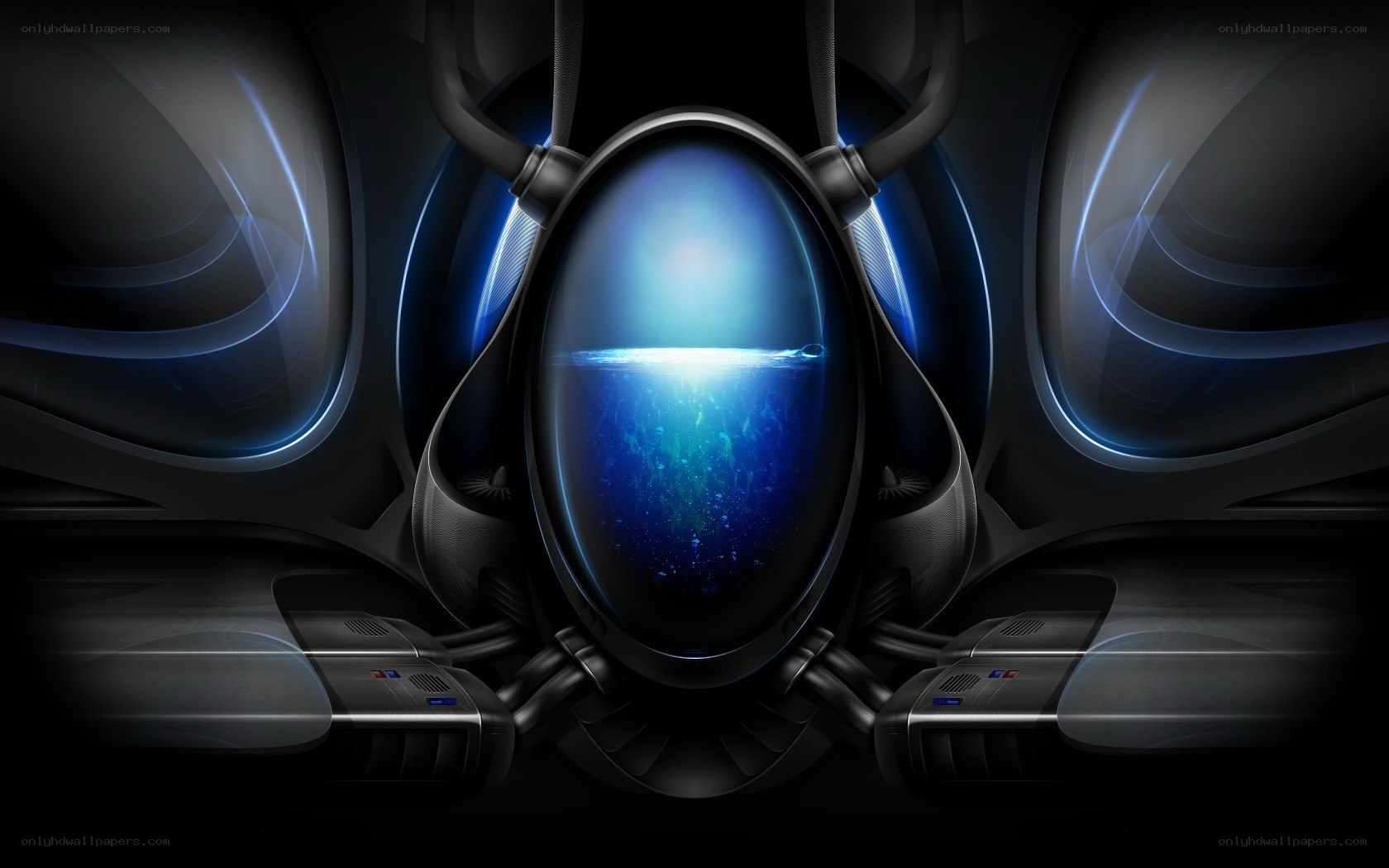 futuristic pod with glowing blue liquid