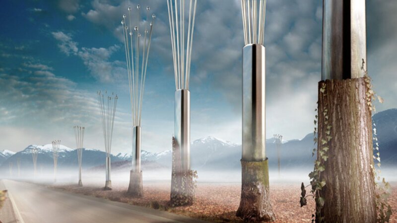 Futuristic poles in a misty landscape
