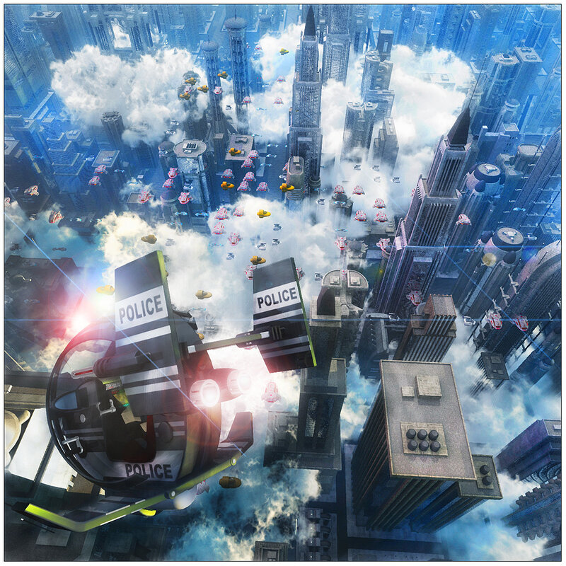 Futuristic police drones in a city