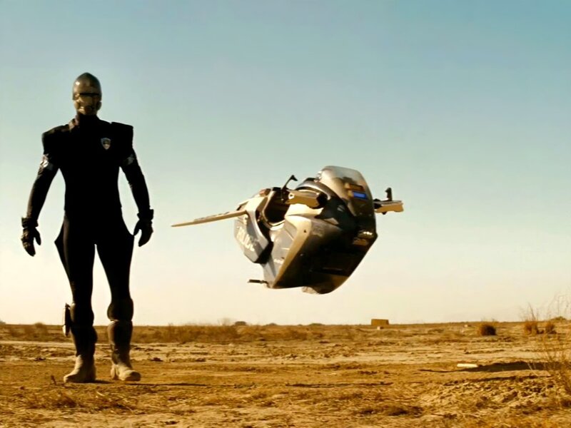 futuristic police officer with hoverbike