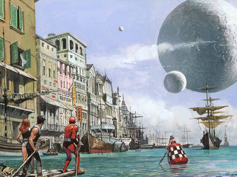 Futuristic port with alien moons