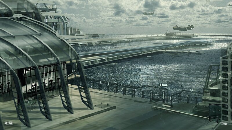 Futuristic Port with Flying Vehicles — Gray