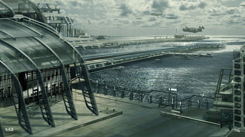 Futuristic Port with Flying Vehicles