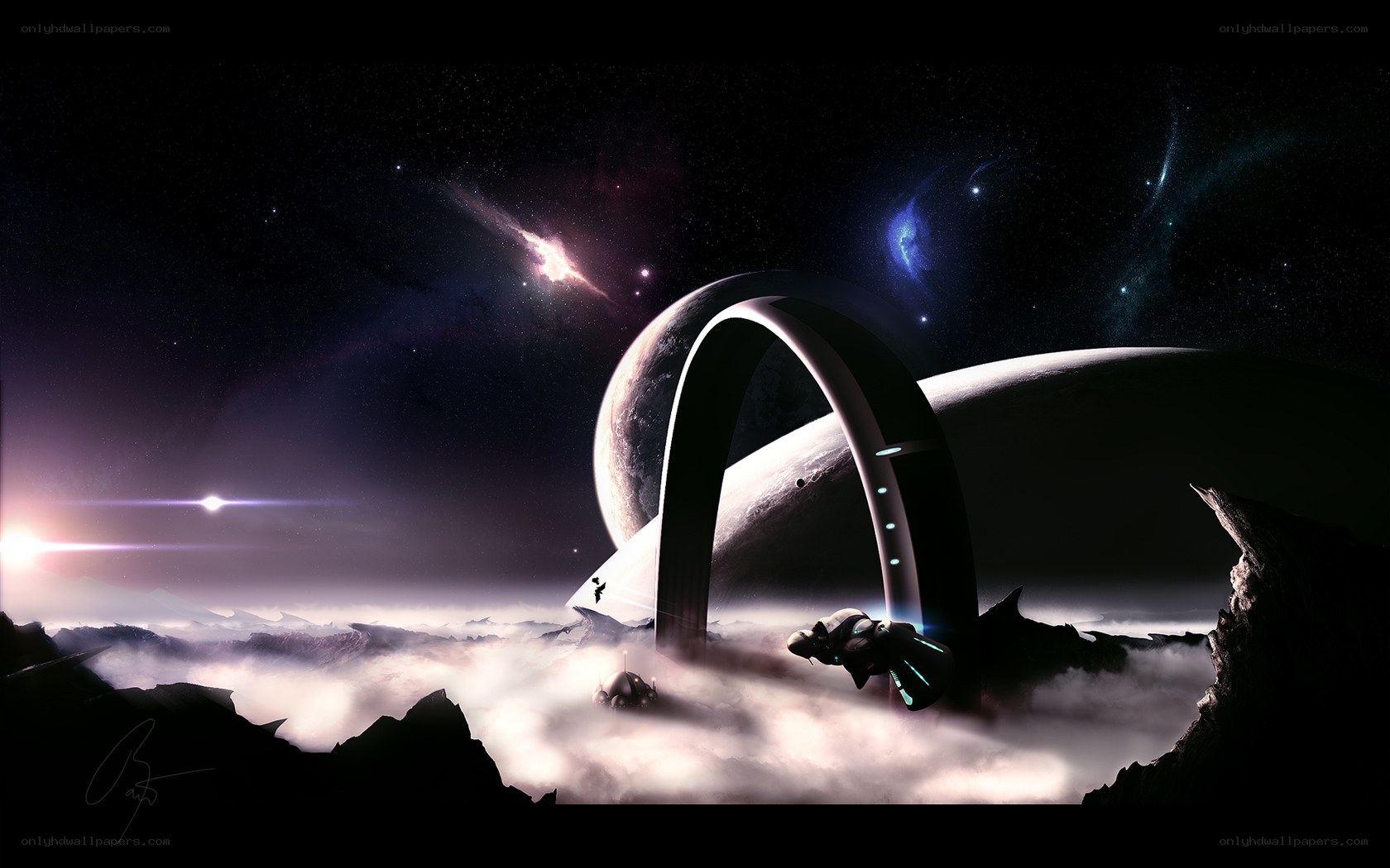 Futuristic portal in alien landscape