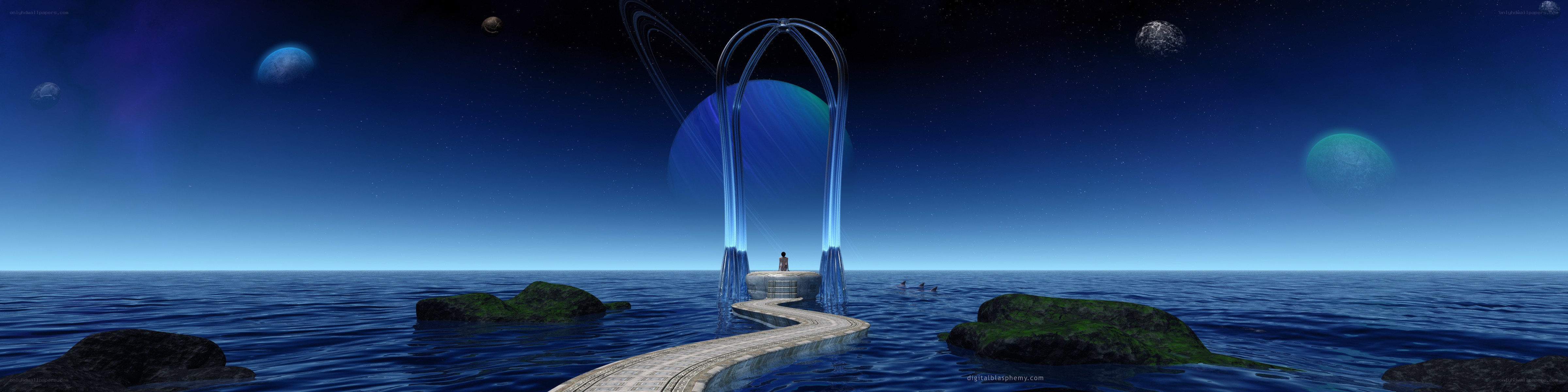 Futuristic portal on alien ocean