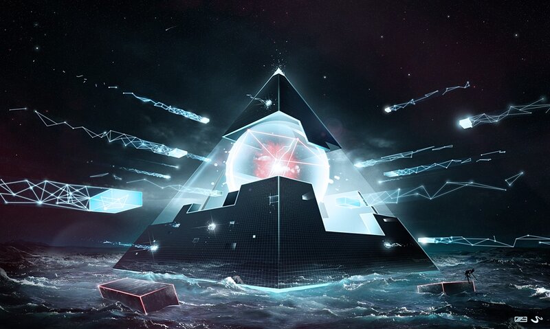 futuristic pyramid in stormy sea