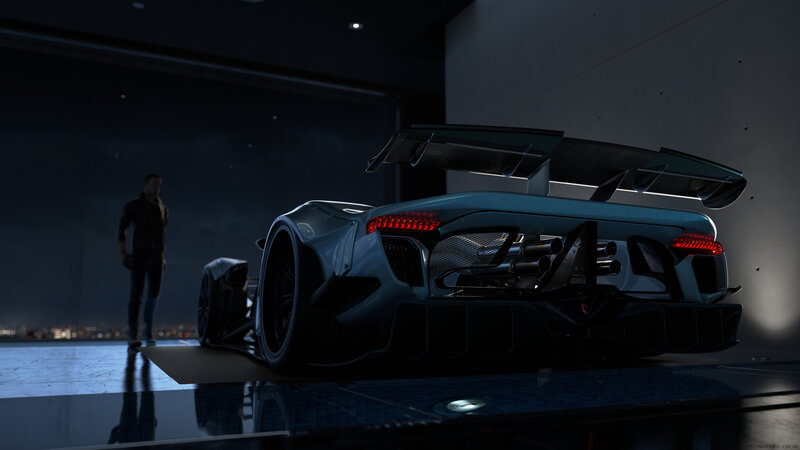 Futuristic Race Car — Black, Dramatic, Night, 3d Render, Person