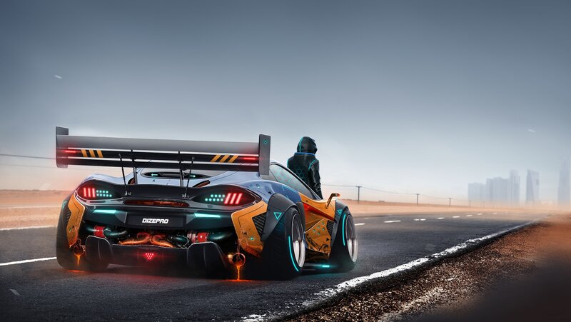 Futuristic Race Car — Black, Dramatic, Sunset, Digital Art
