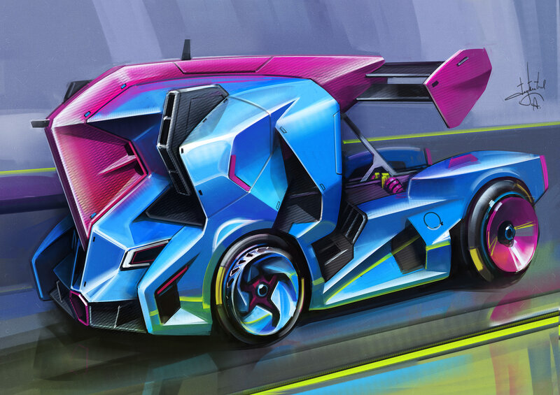 Futuristic Race Car — Blue, Dynamic, Digital Art, Wings