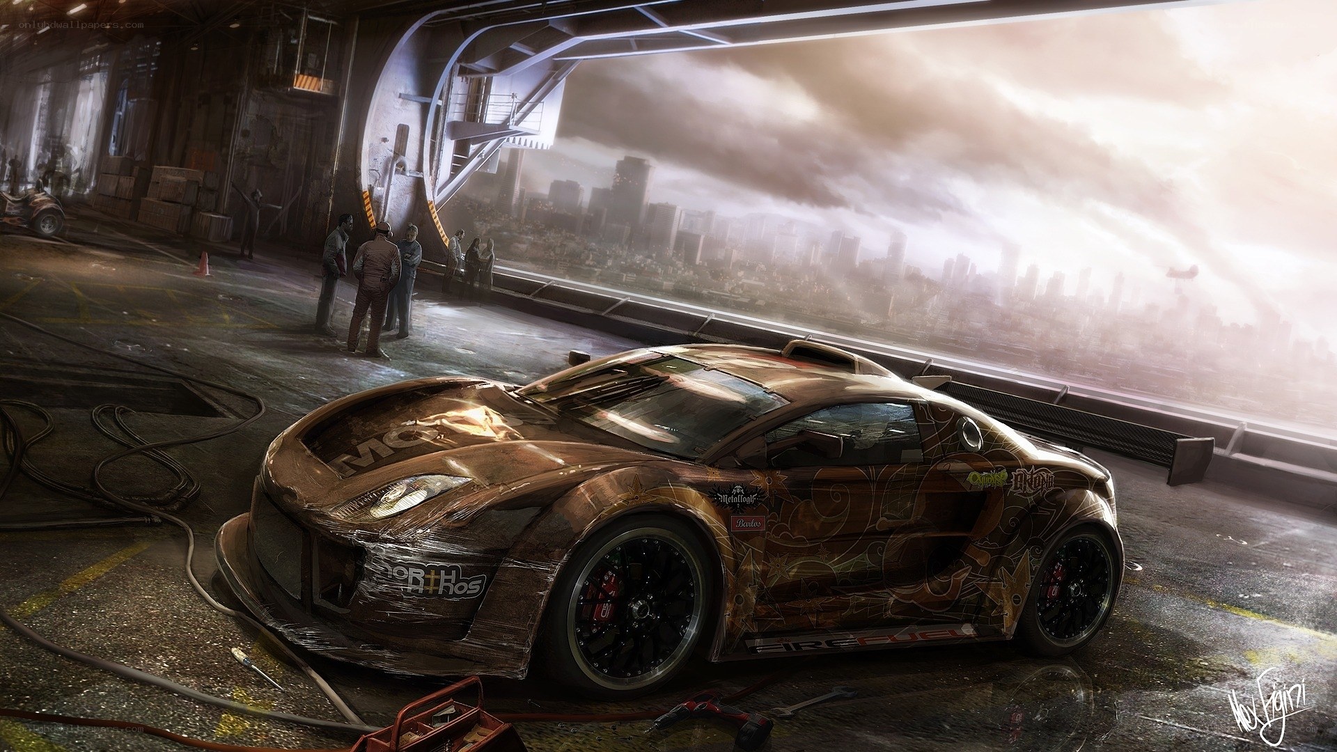 Futuristic race car in garage