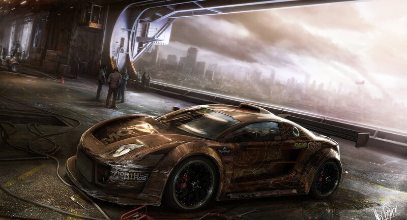 futuristic race car in industrial hangar