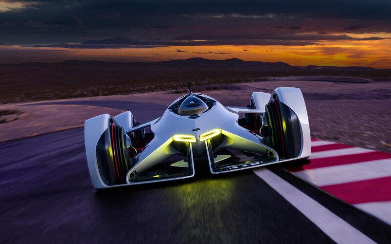 Futuristic Race Car — White, Dramatic, Sunset
