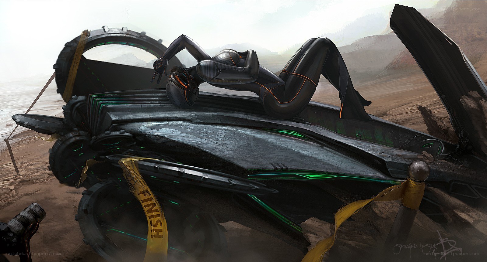 futuristic racer on crashed vehicle