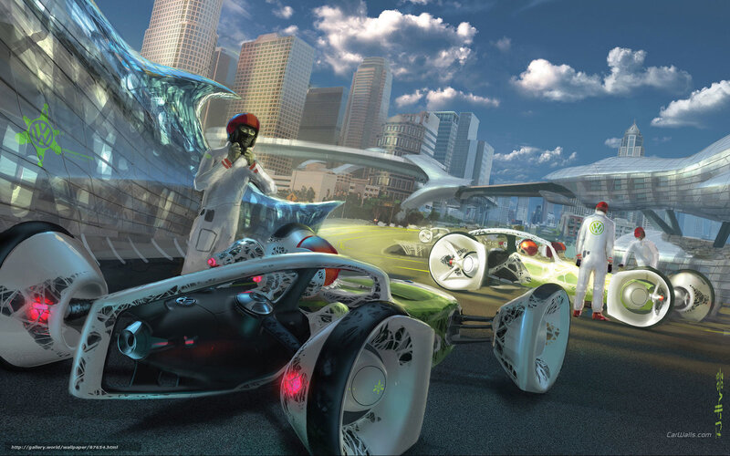 futuristic racing cars in city
