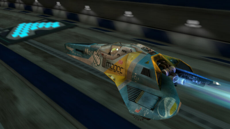 futuristic racing craft in motion