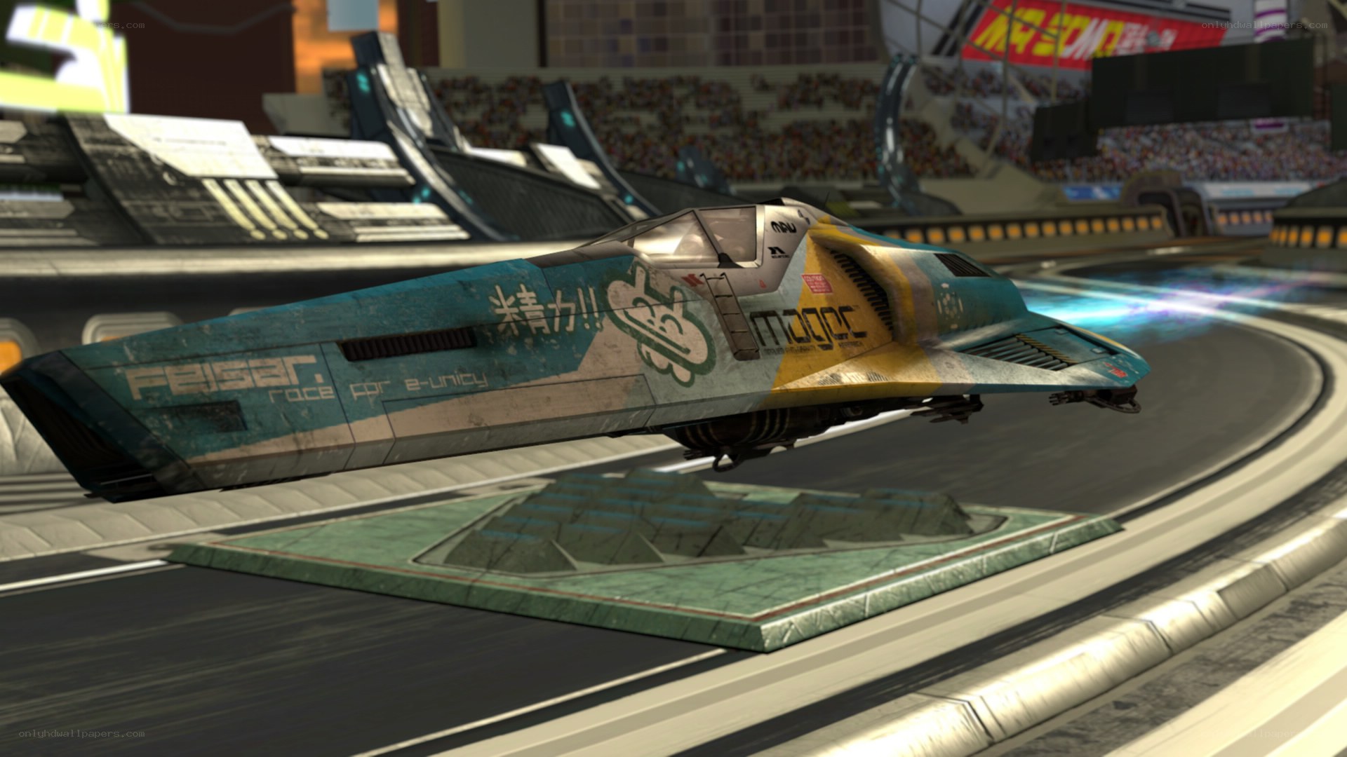 futuristic racing craft in stadium