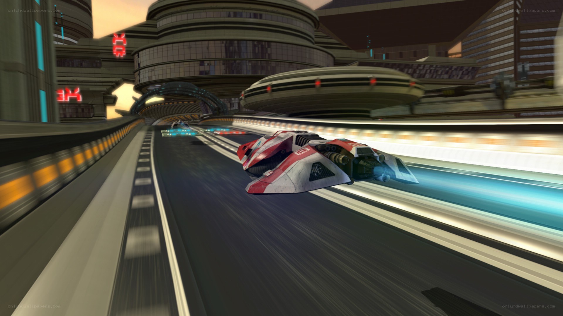 futuristic racing in a sci-fi city