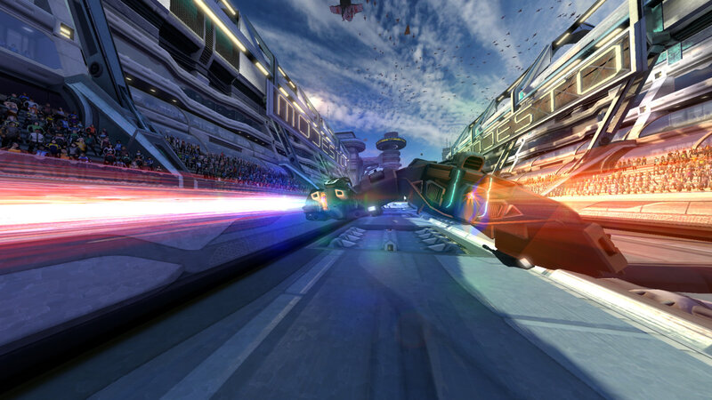 Futuristic racing in a sci-fi stadium