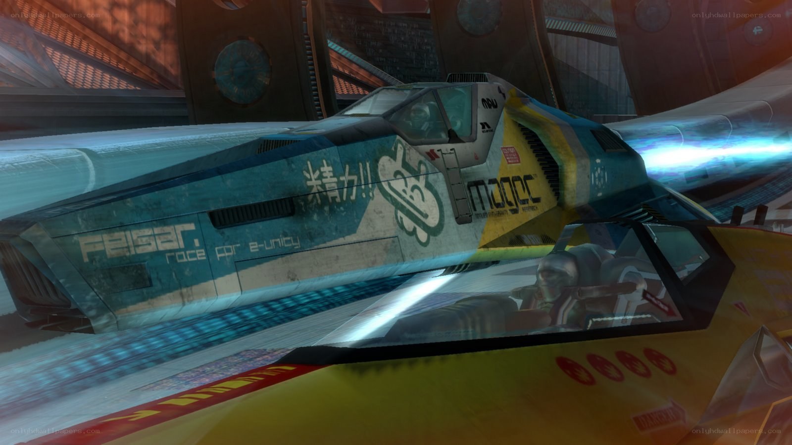 Futuristic racing jet in hangar