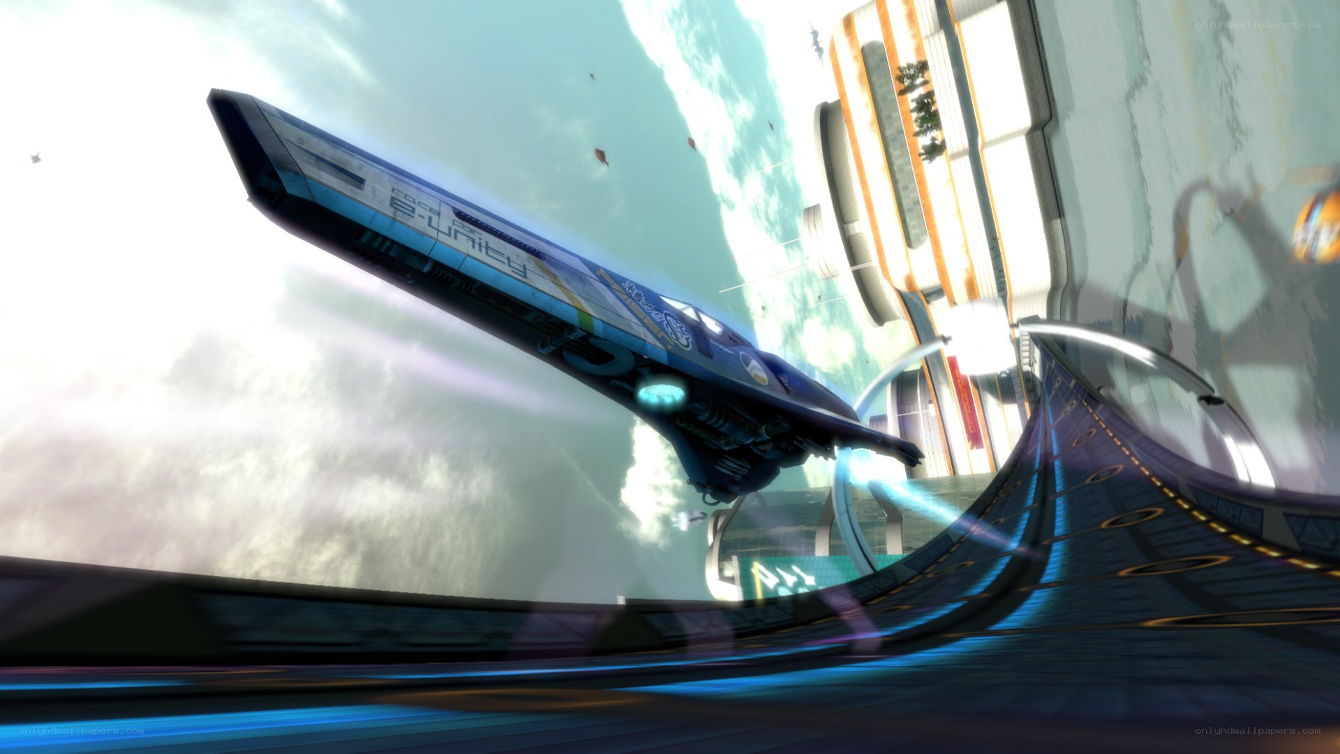 futuristic racing ship in flight