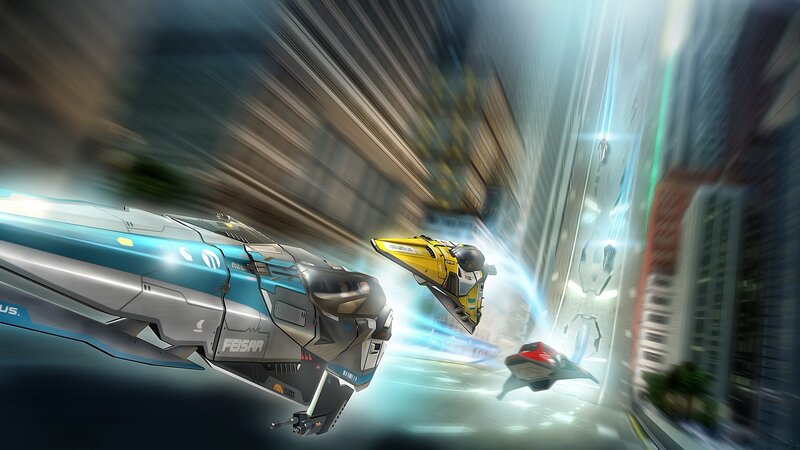Futuristic racing ships in city