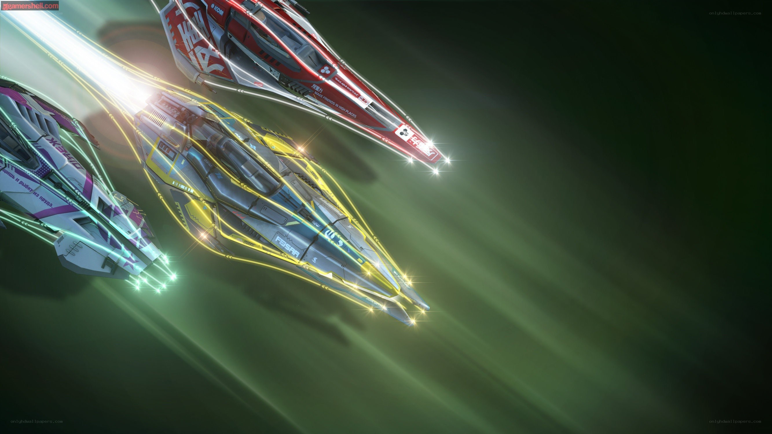 Futuristic racing ships in motion