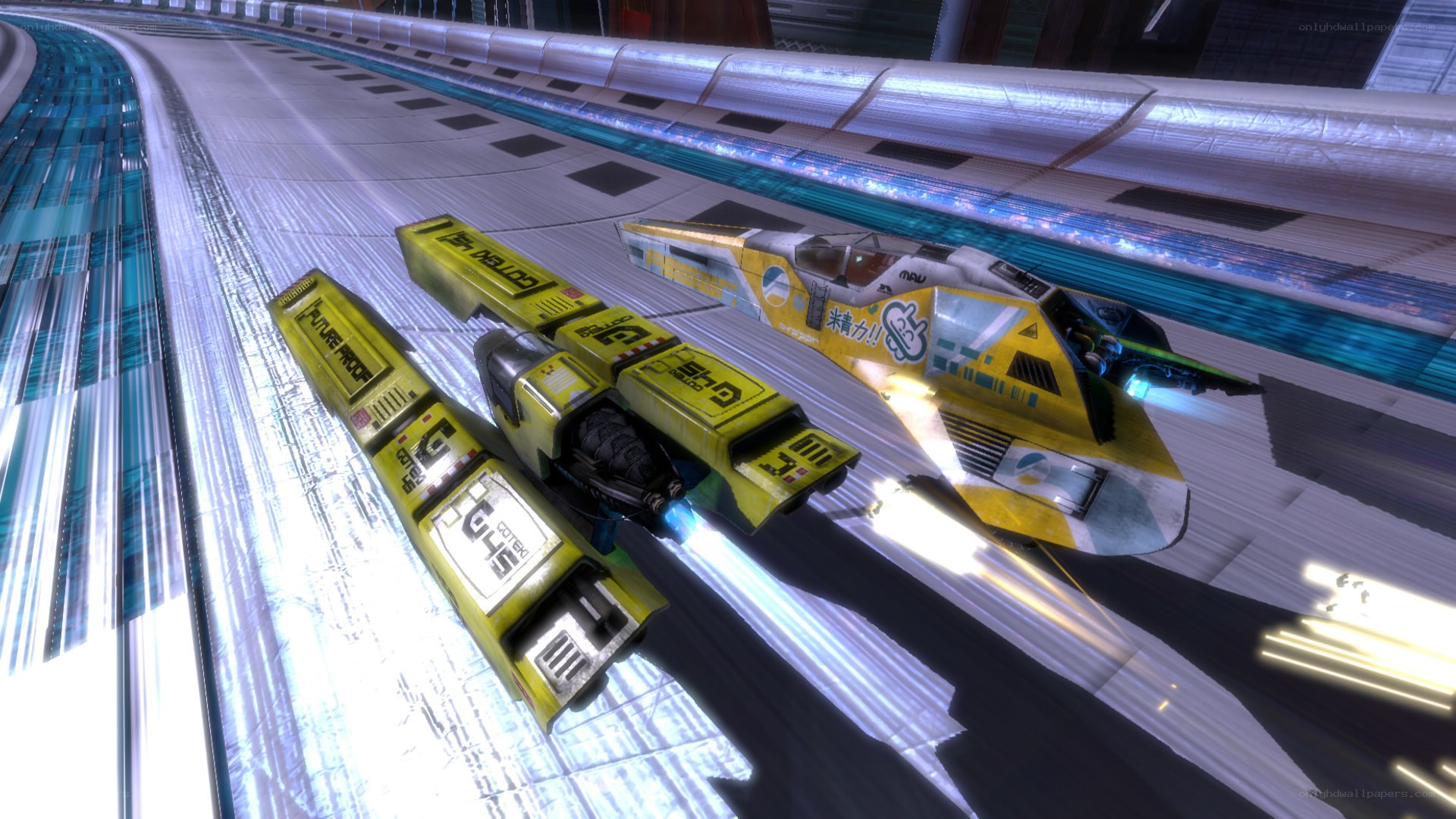 Futuristic racing ships on track