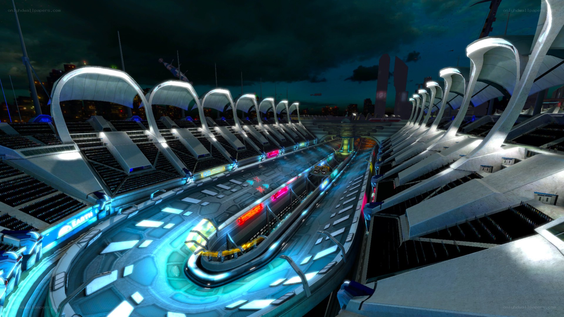 futuristic racing stadium at night