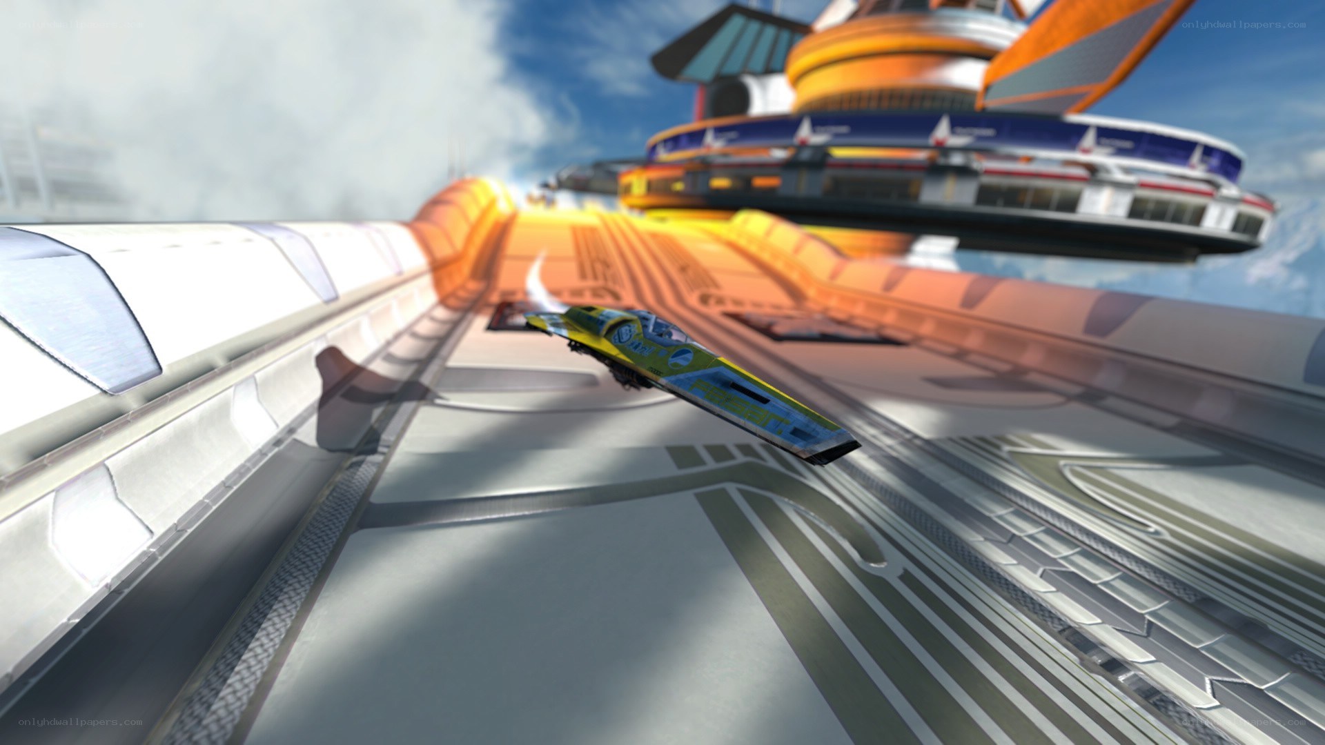 futuristic racing vehicle in flight