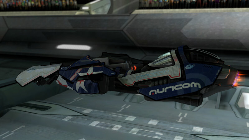 futuristic racing vehicle in hangar