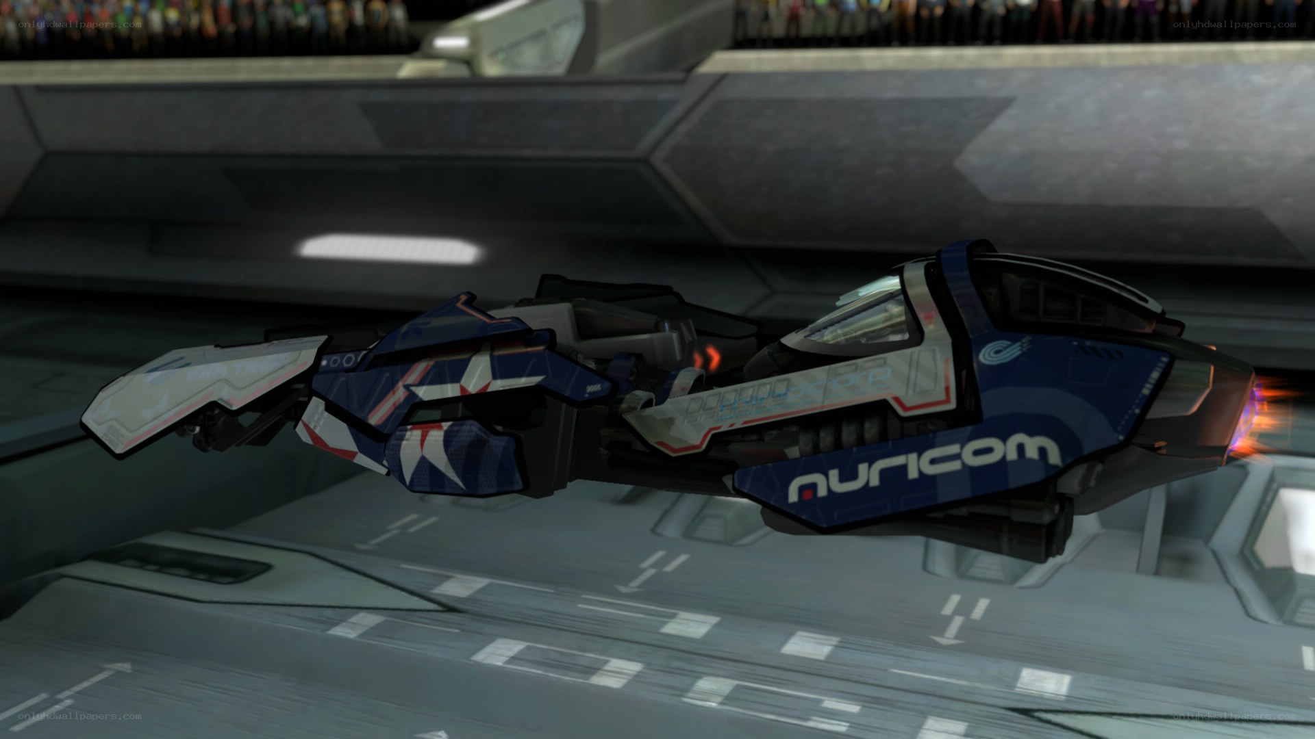 futuristic racing vehicle in hangar