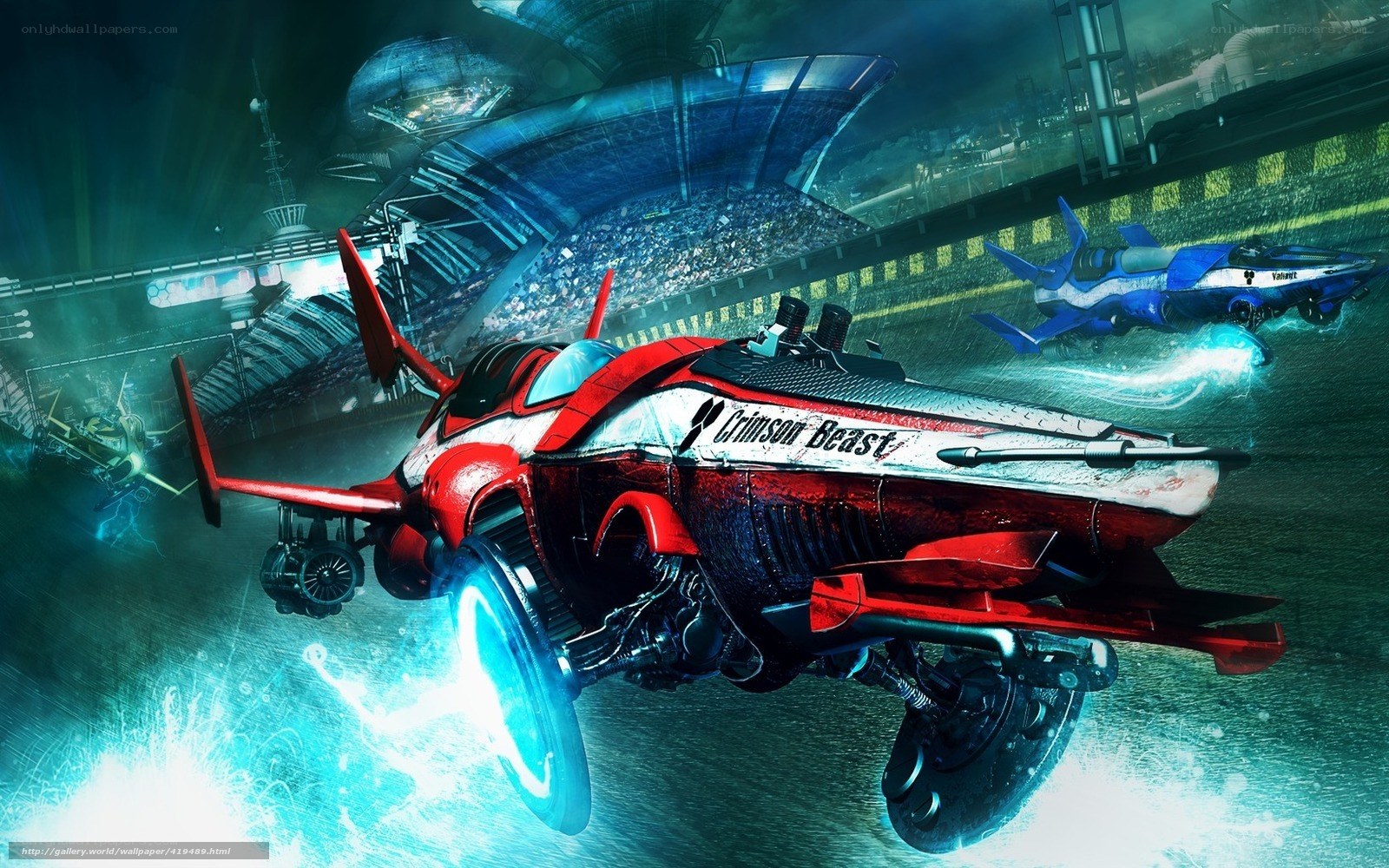 Futuristic racing vehicles in action