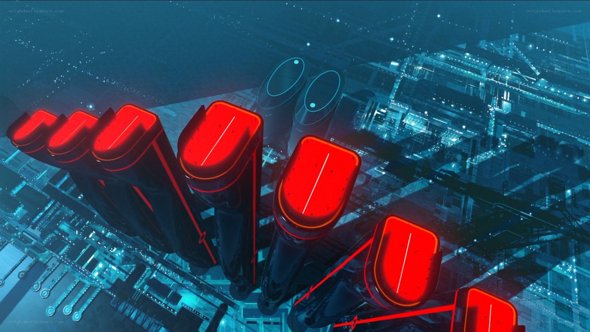 futuristic red and blue circuitry