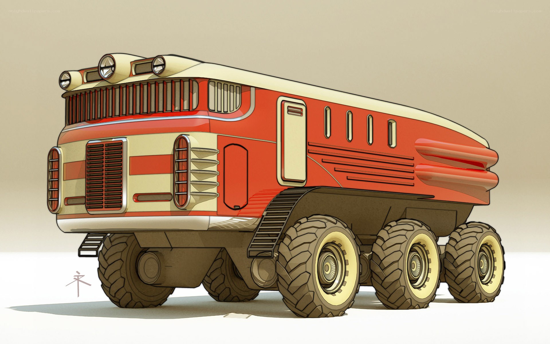 Futuristic red and cream vehicle