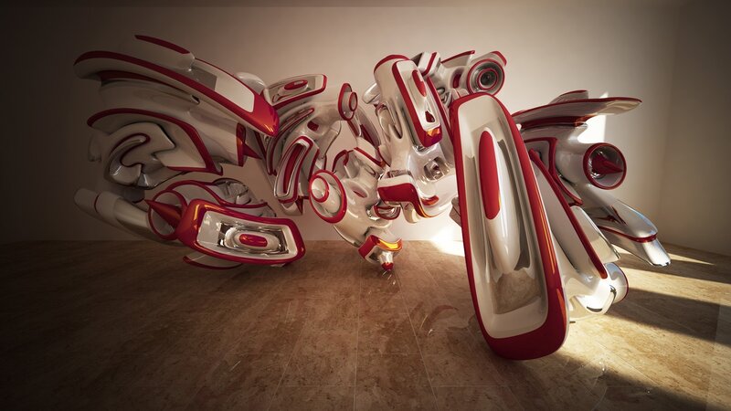 Futuristic red and white sculpture