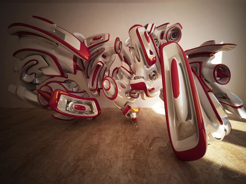 futuristic red and white sculpture