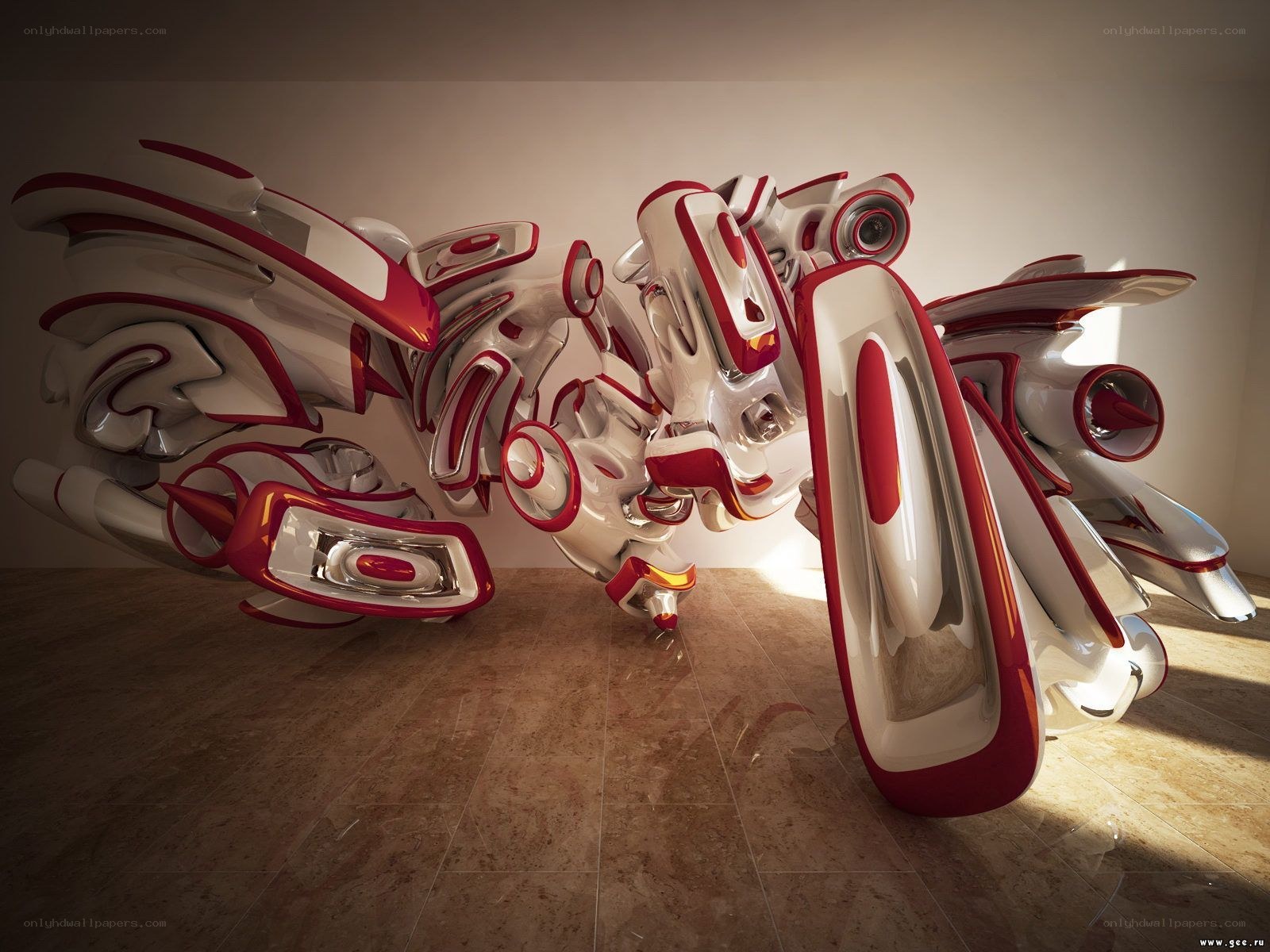 futuristic red and white sculpture