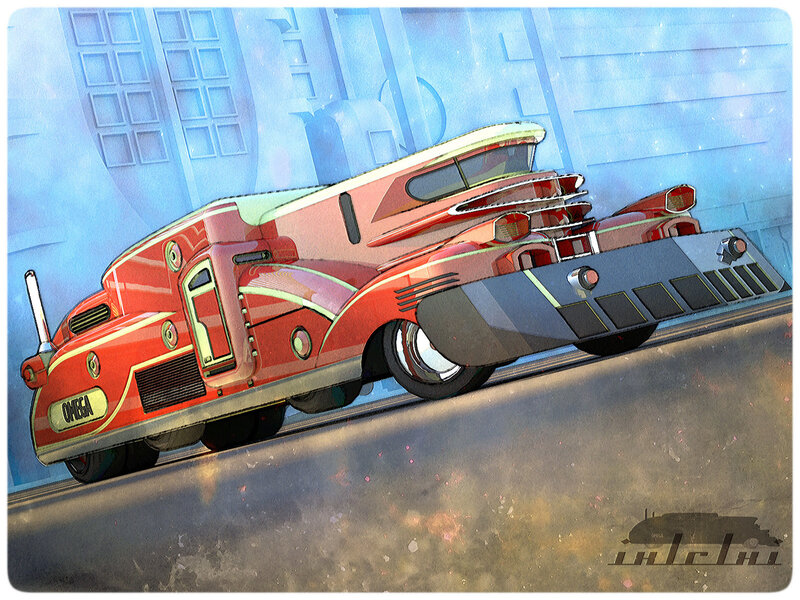 futuristic red car on city street