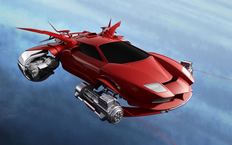 futuristic red flying car